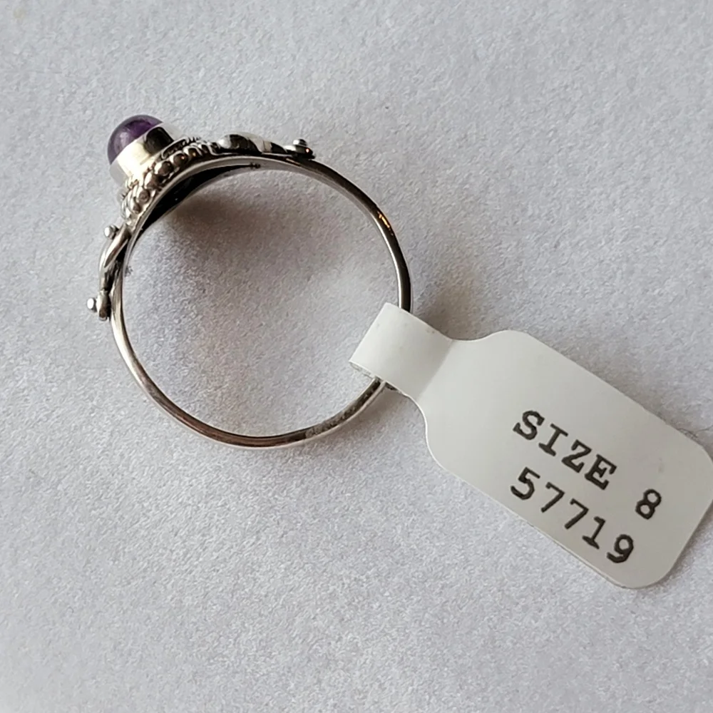 Amethyst Sterling Silver Dahlia Ring Oval Cabochon Filigree Crystal Gemstone